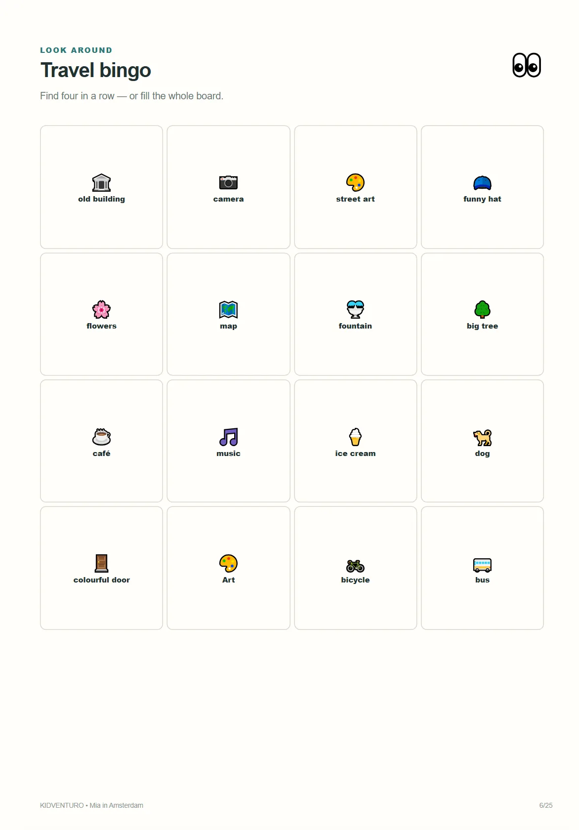Amsterdam sample page: travel bingo