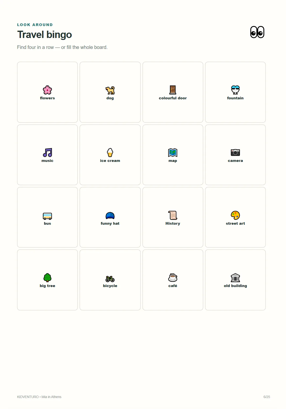 Athens sample page: travel bingo