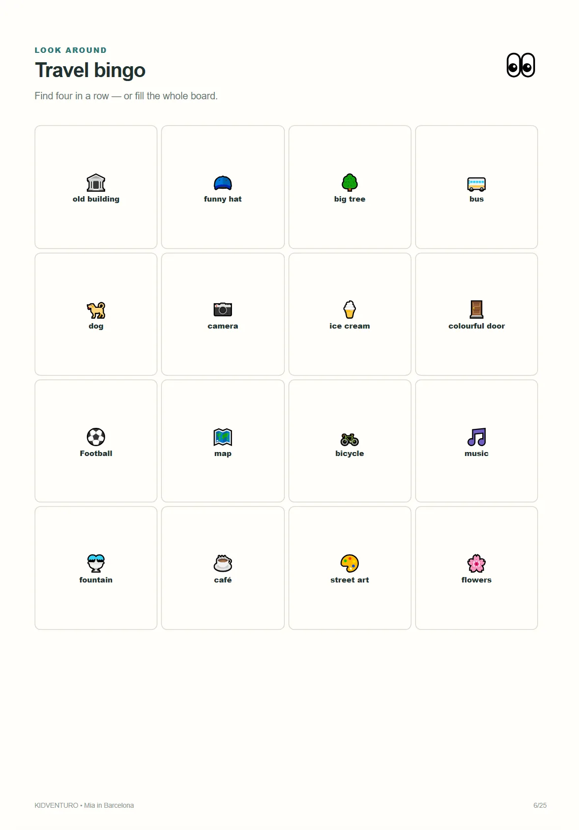 Barcelona sample page: travel bingo