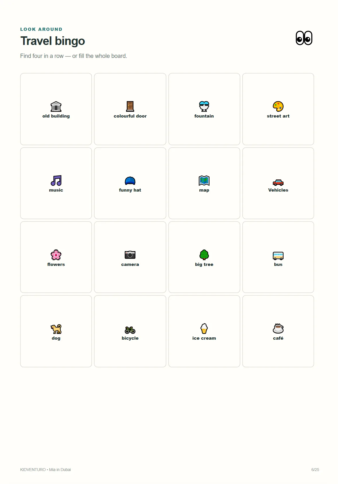 Dubai sample page: travel bingo