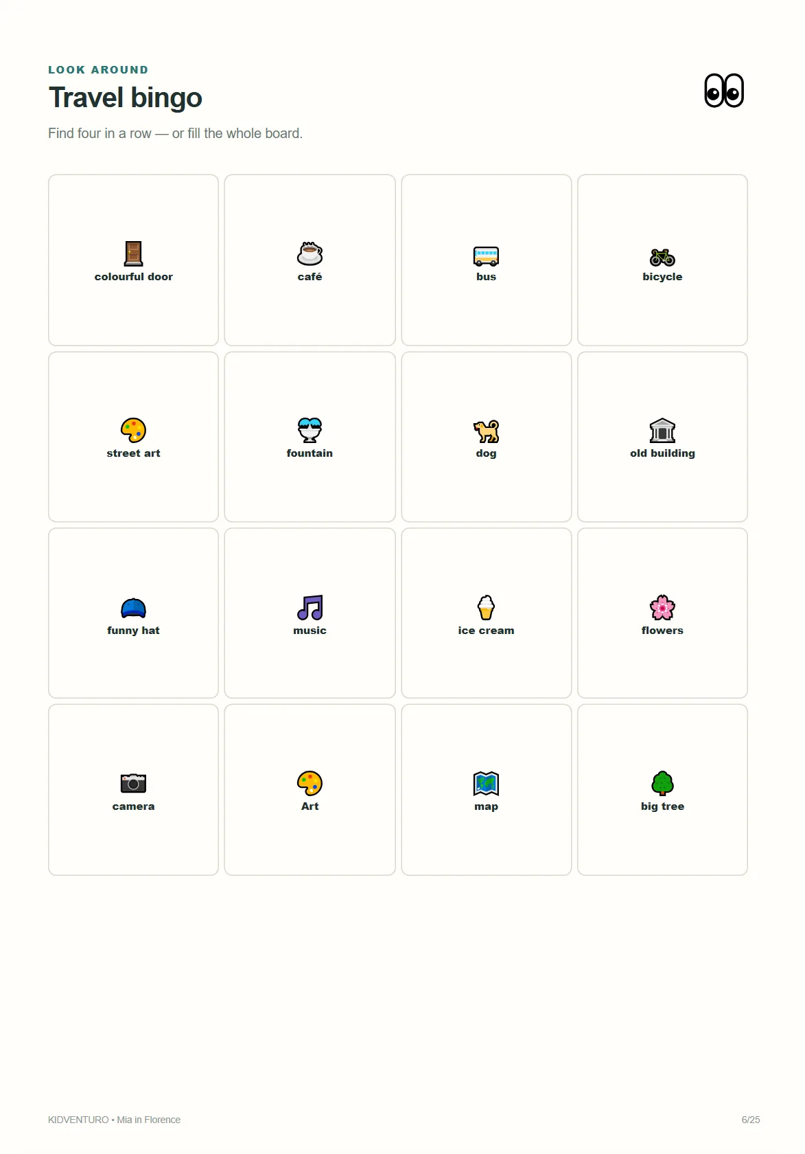 Florence sample page: travel bingo
