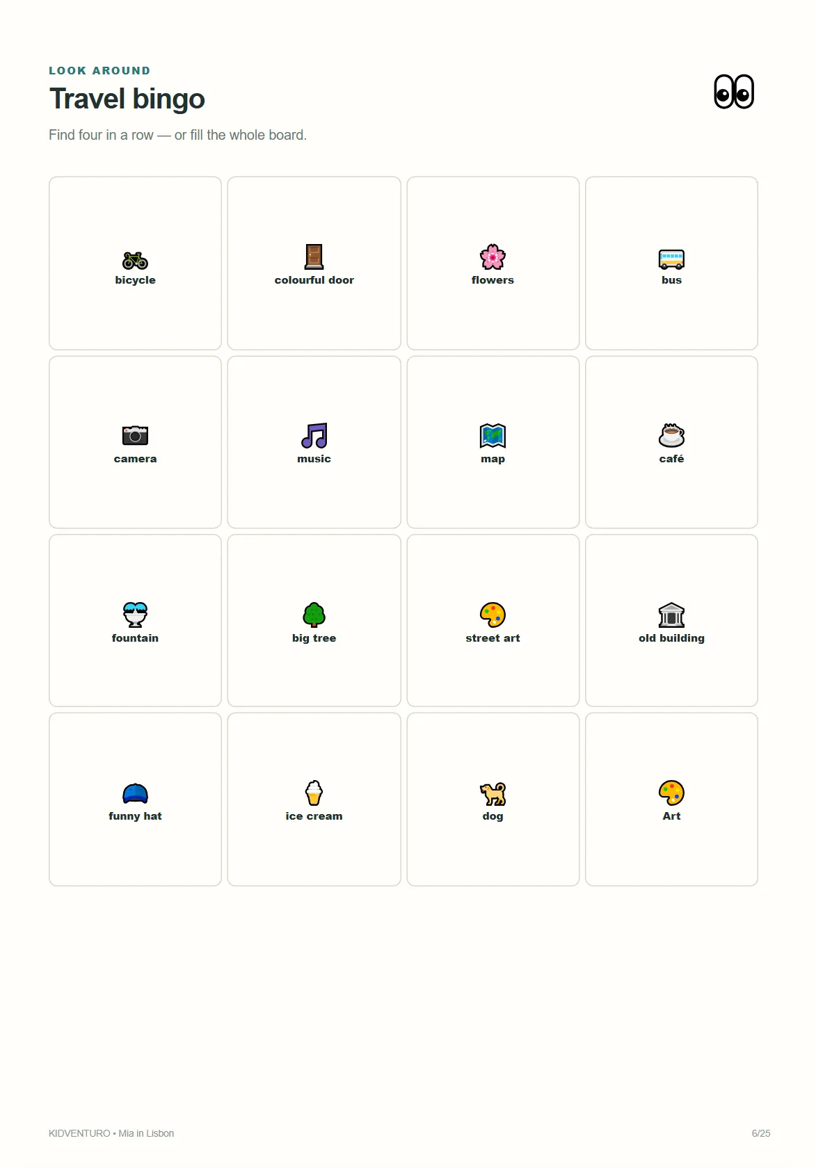 Lisbon sample page: travel bingo