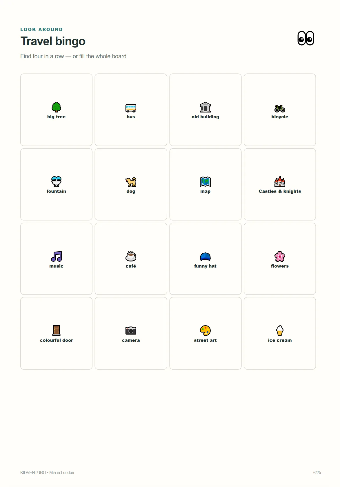 London sample page: travel bingo