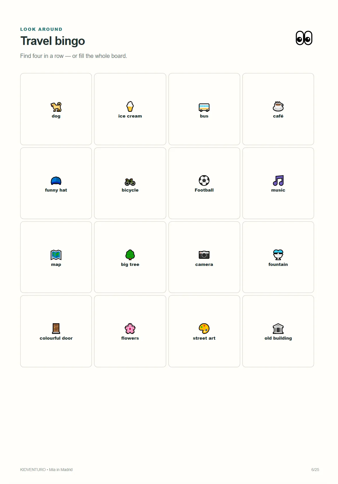 Madrid sample page: travel bingo