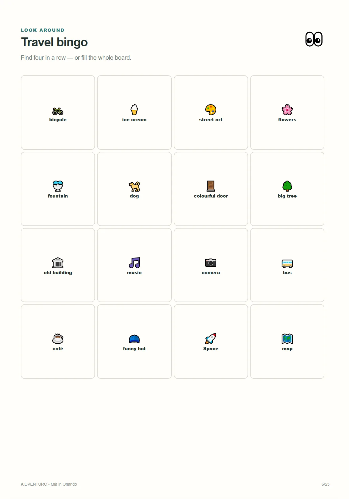 Orlando sample page: travel bingo
