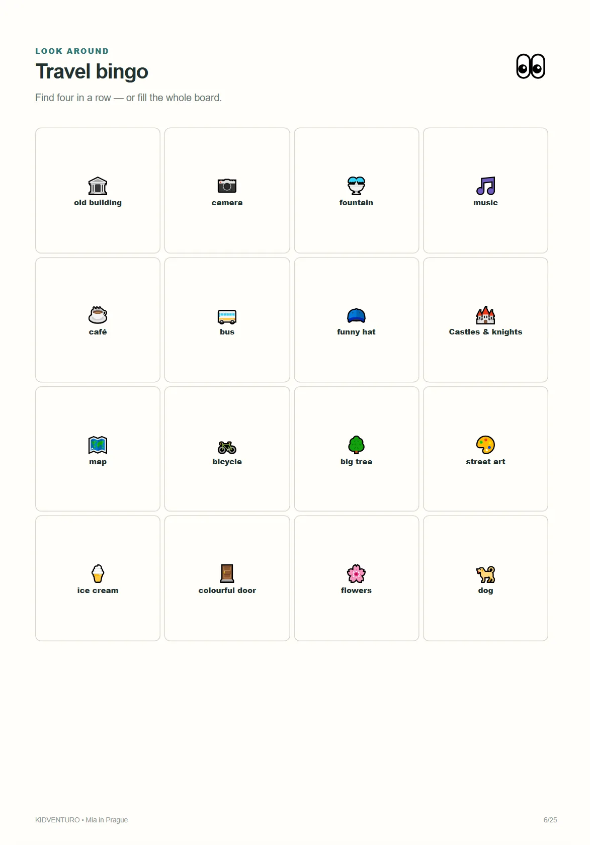 Prague sample page: travel bingo