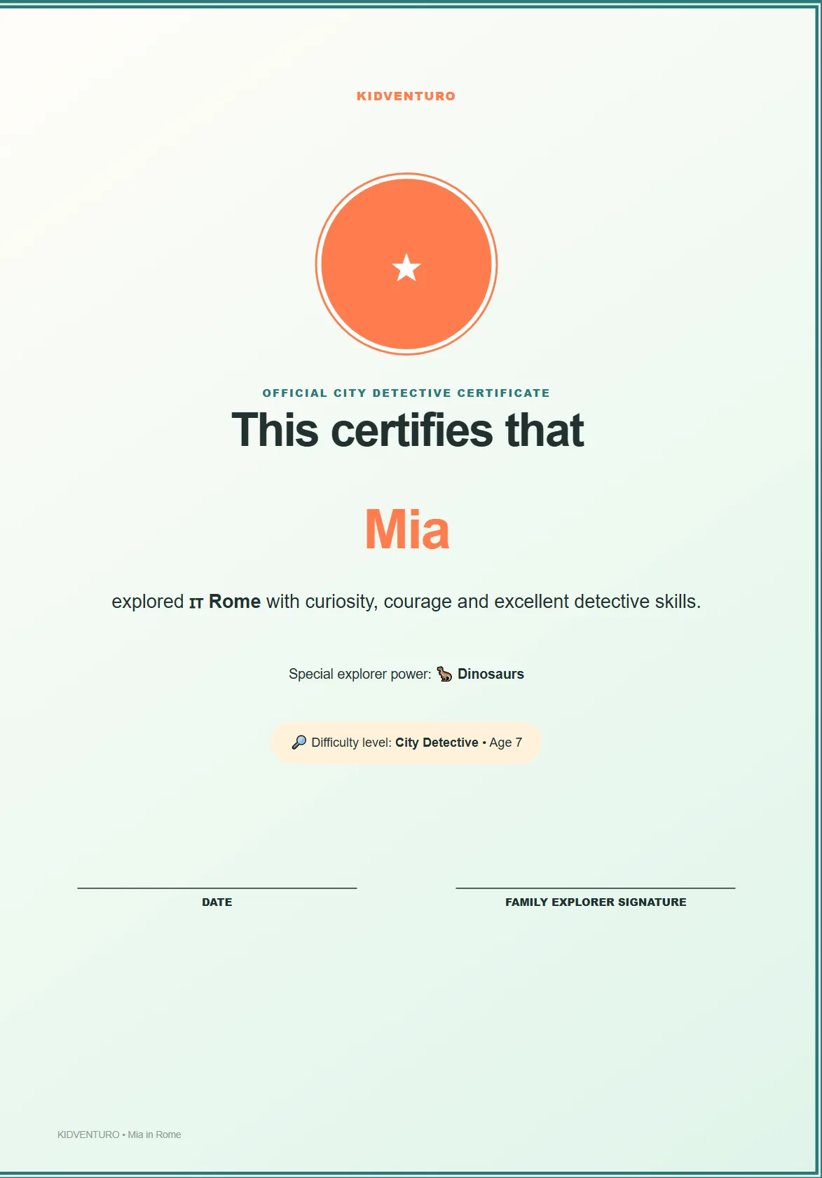 Explorer certificate page, personalized sample