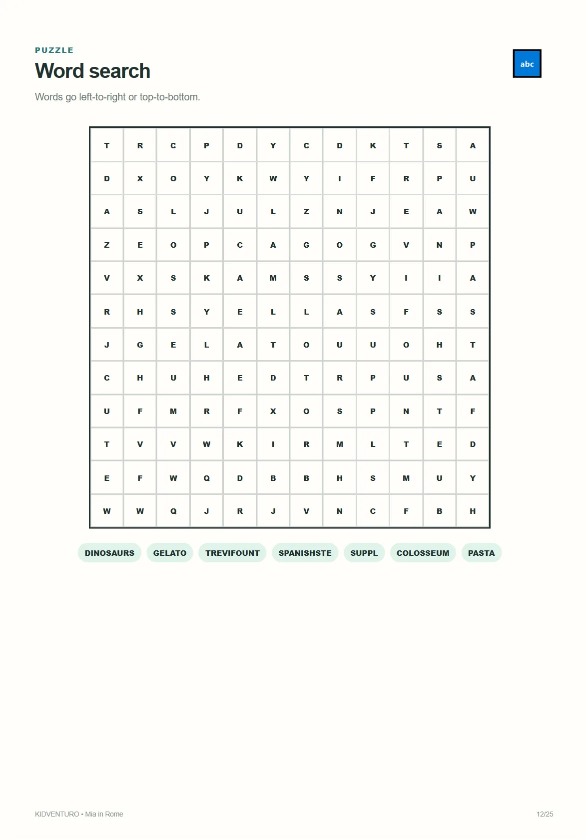 Word search page, personalized sample