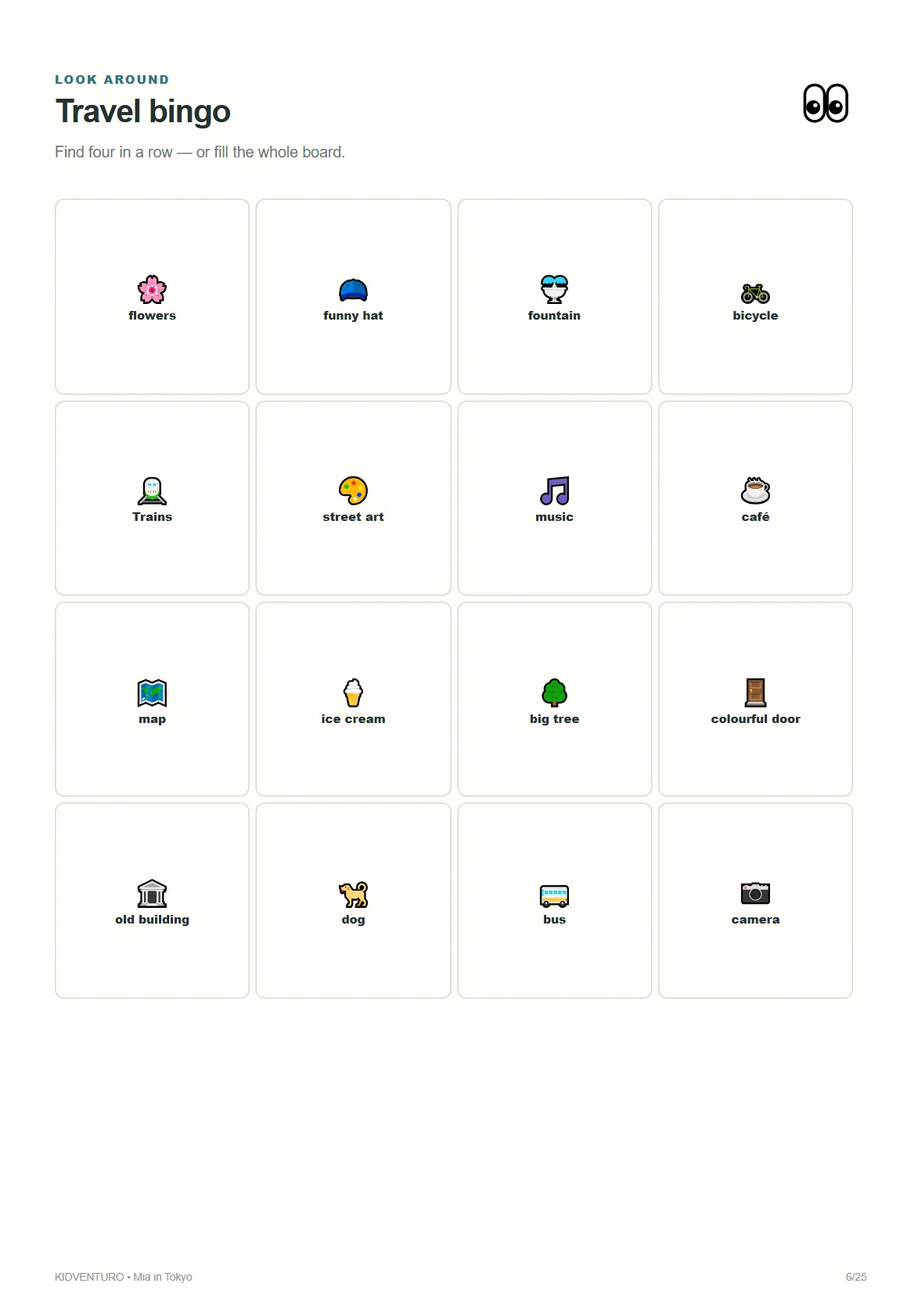 Tokyo sample page: travel bingo