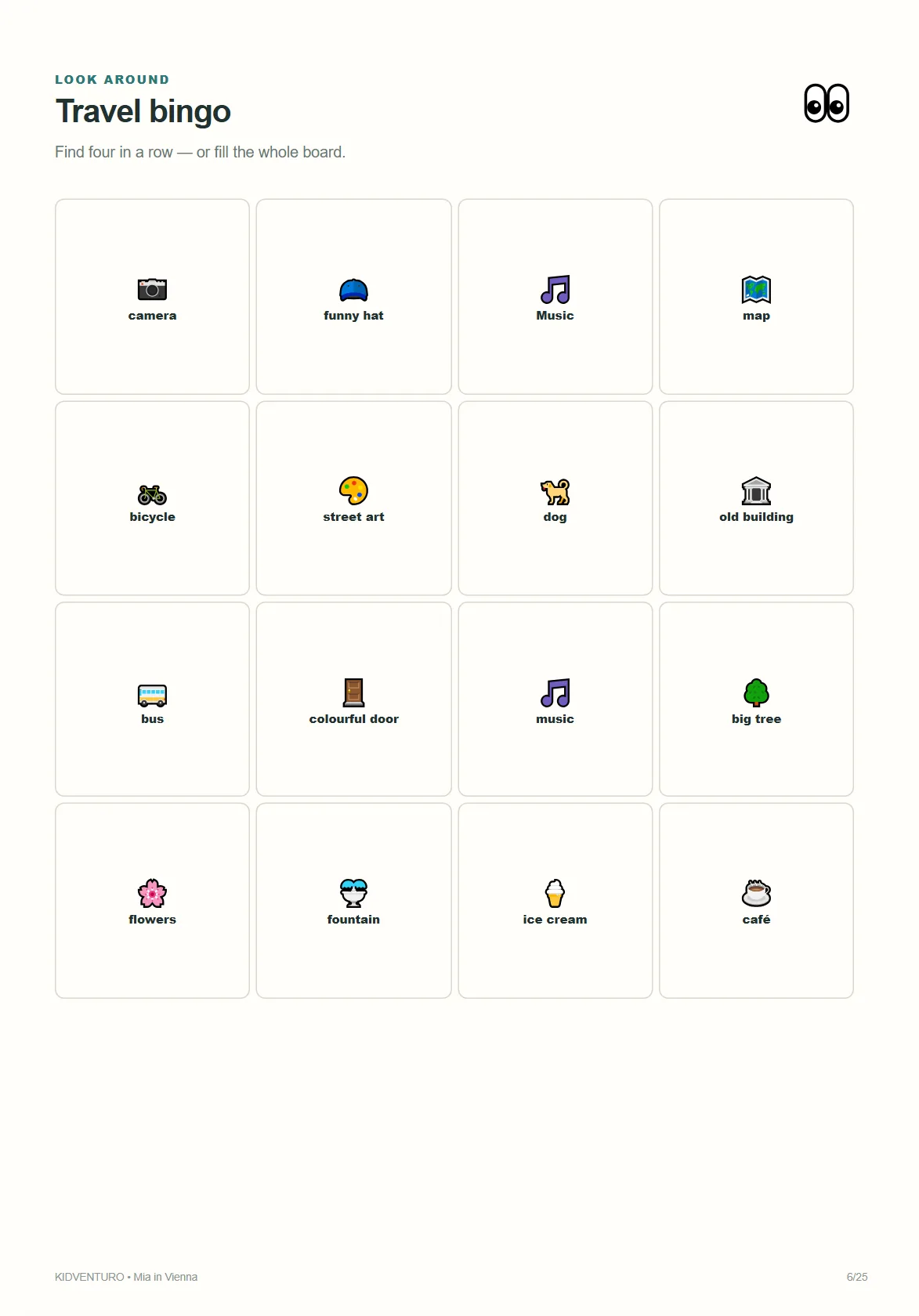 Vienna sample page: travel bingo